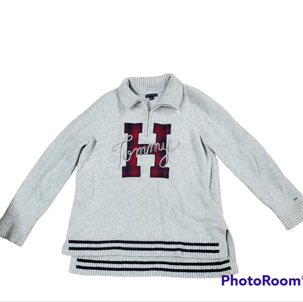 Tommy Hilfiger Logo Varsity Sweater Women’s XL Gray 1/4 Zip Wool Blend Preppy